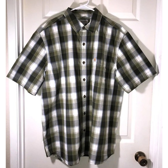Carhartt Shirt Plaid Button Up Short Sleeve Relaxed Fit Green White Mens Sz L - Picture 2 of 9